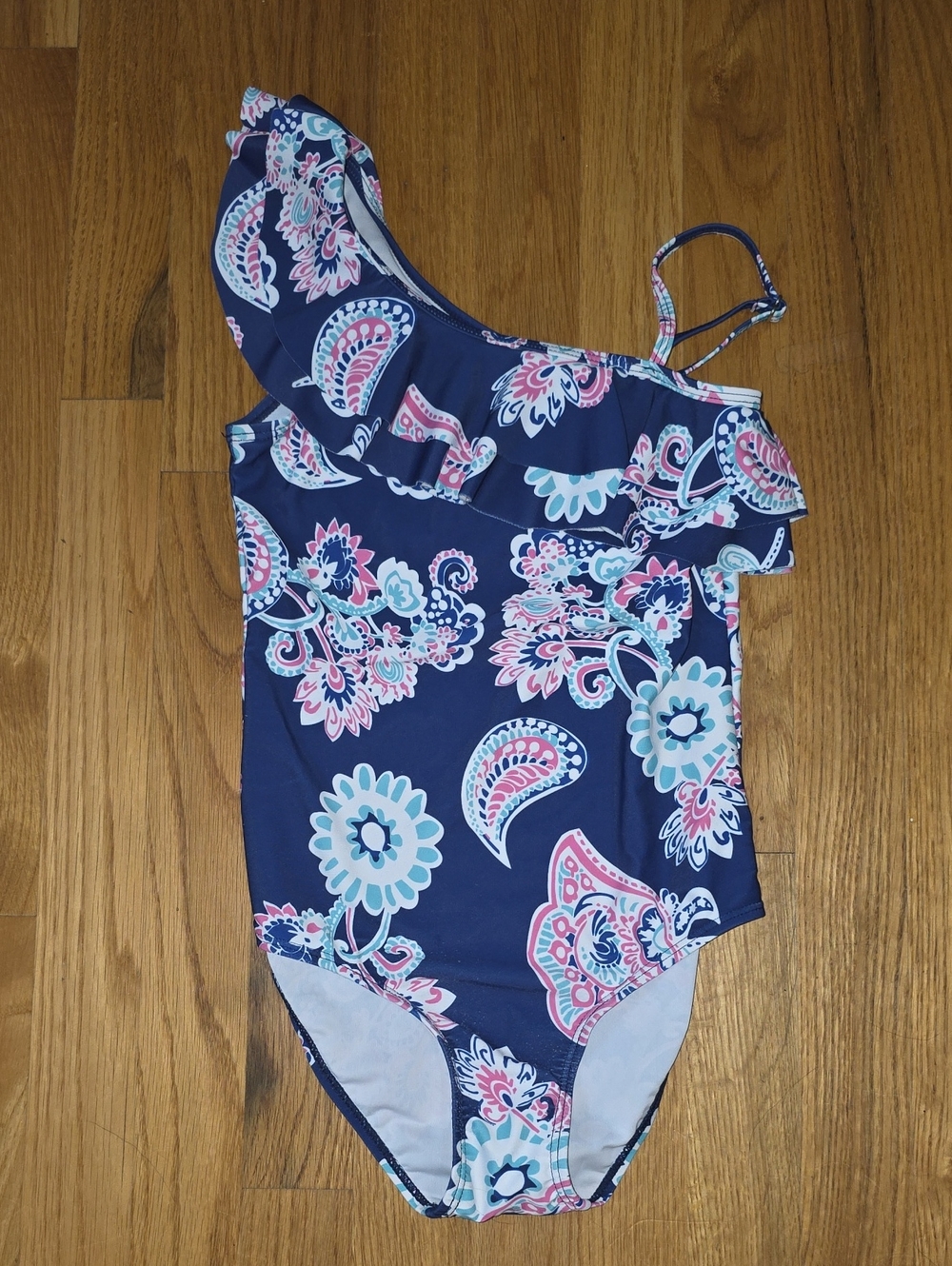 Navy One-Shoulder Floral Paisley Girls' Swimsuit